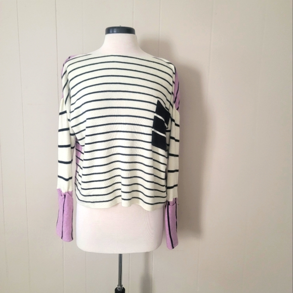 Anthropologie Cream and Black Striped Sweater with Lavender Accents